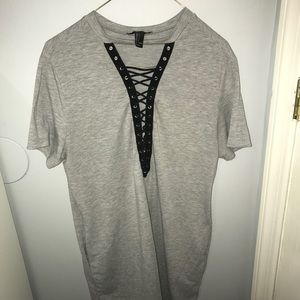 Grey t-shirt dress with black neckline